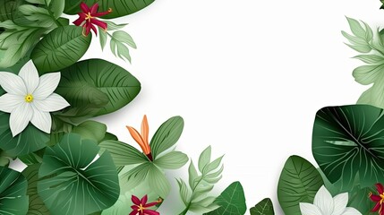 natural rainforest leaves with flowers on white background, generative ai
