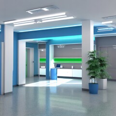clinic hallway interior, hospital corridor with big windows