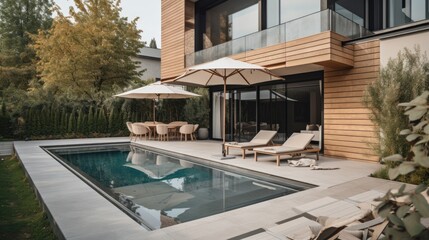 Fototapeta premium Sunbeds and dining zone near pool in backyard of modern house, generative ai
