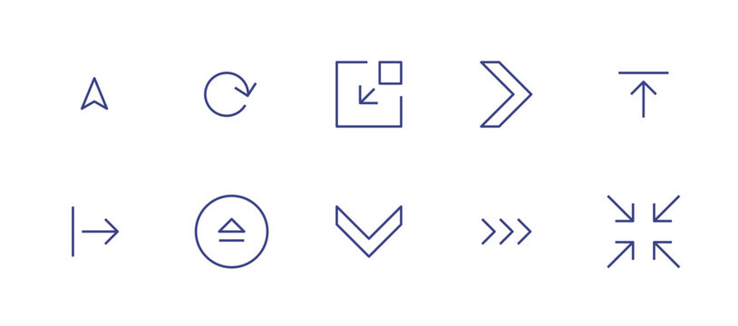 Arrows line icon set. Editable stroke. Vector illustration. Containing up arrow , loop , maximize , right arrow , upload, exit, down arrow , triple right arrow, zoom in