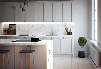 minimal design kitchen with cabinet, cupboard with white square tile splashback wall for cooking, AI Generated