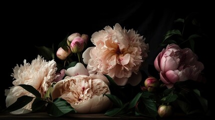 Lush peonies in a romantic setting on black background, generative ai