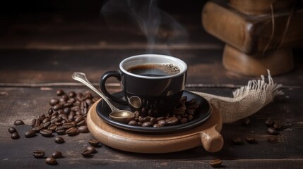 Obraz na płótnie Canvas Espresso Coffee Cup With Beans On Vintage Table, generative ai