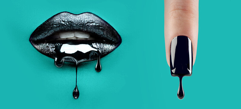 Black Paint dripping from the lips and nail, dark liquid drops on beautiful mouth and nails on blue background. Cosmetics. Fashion make-up, gothic style. Beauty makeup close up, art design. Manicure