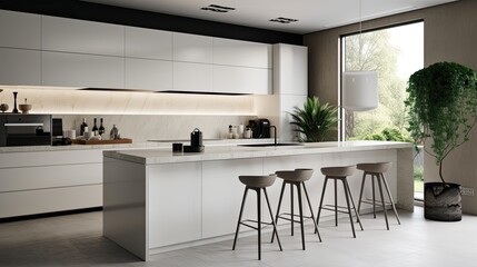 Modern minimal kitchen with white cabinets, generative ai