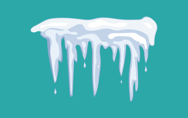 Obraz na płótnie Canvas Blue frozen icicles hang down from the snowy surface. Melting snow, ice. Banner. Group of icicles . Vector graphics, isolated background. Carefully, dropping icicles.