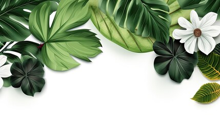 natural rainforest leaves with flowers on white background, generative ai