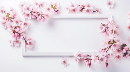 Decoration light pink cherry blossom flowers frame with white background, generative ai