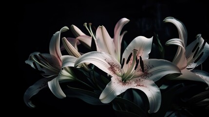 Mysterious lilies on black background, generative ai