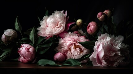 Whimsical carnations against a dark backdrop on black background, generative ai