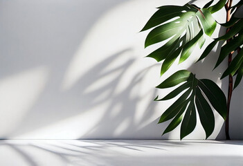 Abstract nature of palm leaves shadows background reflect over concrete walls, AI Generated