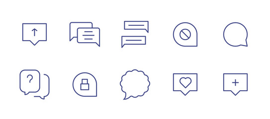 Chat line icon set. Editable stroke. Vector illustration. Containing comment upload, chat, chats, comment block, comment lock, speech bubble, comment heart, comment plus. - obrazy, fototapety, plakaty