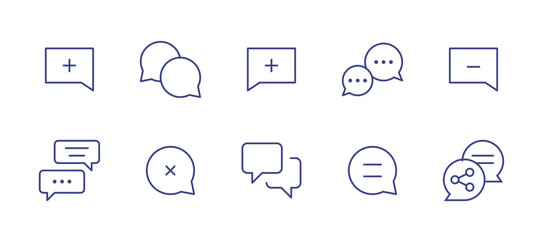 Chat line icon set. Editable stroke. Vector illustration. Containing comment plus, chat, comment minus, chat box, comment cross, communications, comment line, share.