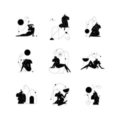 Contemporary woman silhouette vector illustration set. Nude female body, abstract pose, feminine figure composition with geometric shapes. Self care, body beauty concept pack for branding. Modern art