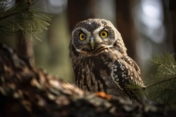 The Eurasian Pigmy On a bright spring day, an owl perches in a fir wood. Generative AI
