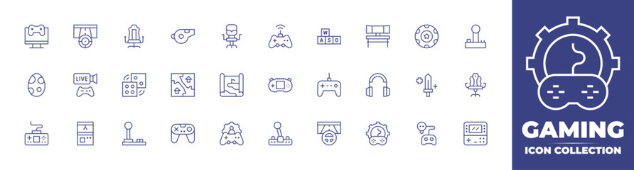 Gaming line icon collection. Editable stroke. Vector illustration. Containing gaming, racing game, gaming chair, whistle, blocks, poker chip, joystick, egg, streaming, dices, map, game map, and more.