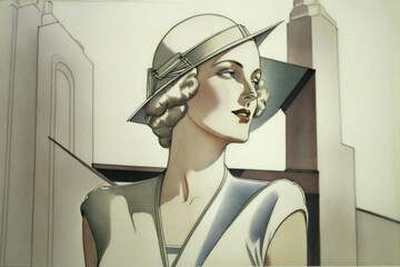 Art Deco drawing with bit of watercolour.