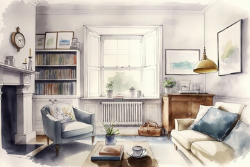 Living room interior drawing with bit of watercolour.