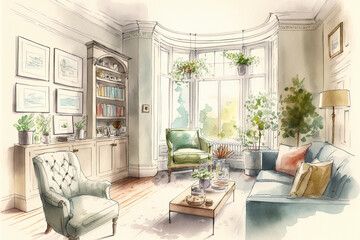 Fototapeta premium Living room interior drawing with bit of watercolour.