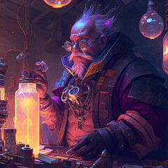 alchemy mechanism illustration the alchemist experimenting in his laboratory illustration hype realistic old man trying to transmute base metals into gold illustration Generative AI illustrations