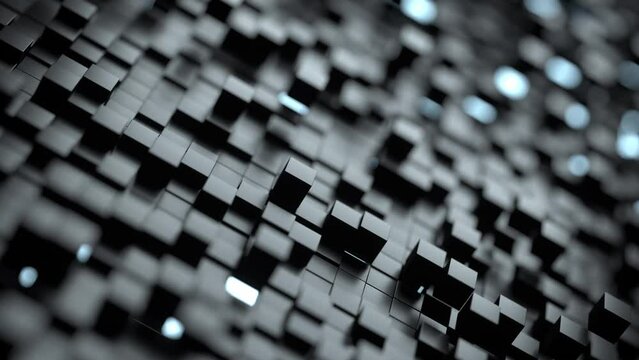 Abstract digital grid technology background loop, 3D render of black cubes moving in a pattern with blurred background, macro effect