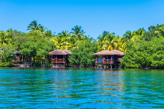 A view of beach cabanas close to West Bay on Roatan Island on a sunny day