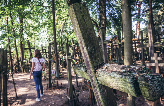 Crosses on Holy Mountain of Grabarka, hill of crosses and Orthodox sanctuary in Poland
