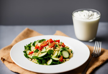 Salad with arabic couscous and vegetables on a white plate