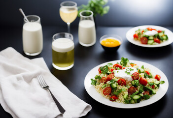 Salad with arabic couscous and vegetables on a white plate