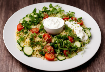 Salad with arabic couscous and vegetables on a white plate