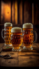 Glasses of different tasty beer on table, AI Generated