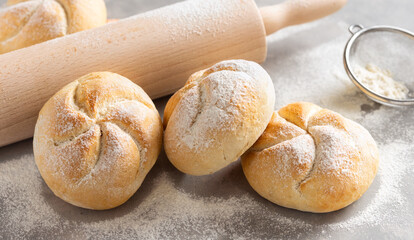 Set mini bun bread close-up with copy space. Fresh home baking concept