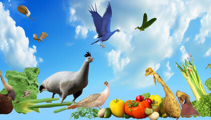 easter bunny in the grass, birds in the meadow