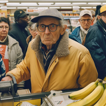 Elderly Man Struggling to Pay for Groceries at Checkout, AI Generative