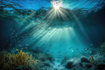 Fototapeta na wymiar Underwater sea in blue sunlight, generative AI