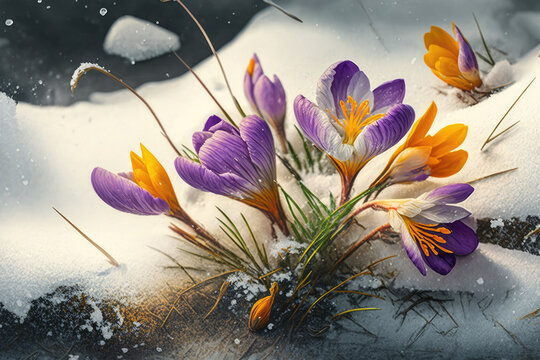 Spring flowers on melting snow. Bright crocus blossoms. The end of winter, generative AI