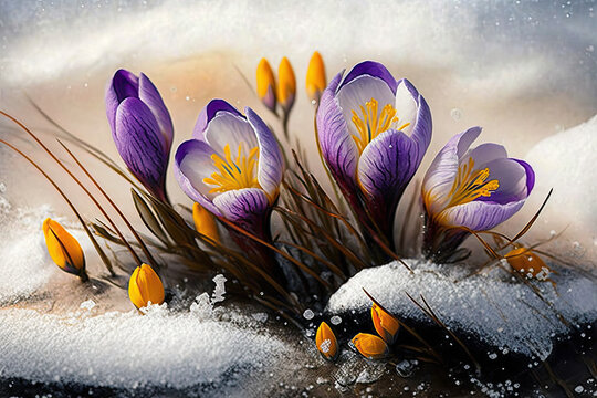 Spring flowers on melting snow. Bright crocus blossoms. The end of winter, generative AI