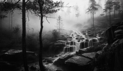 Misty forest with a hidden waterfall