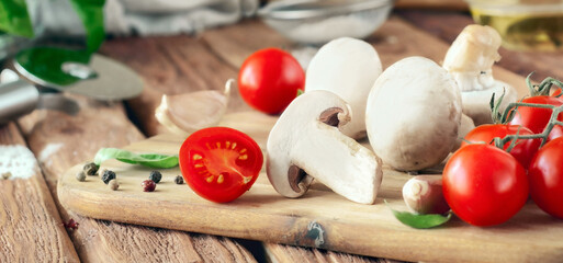 Food ingredients for pizza or spaghetti