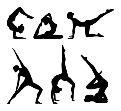 A set of black silhouette illustrations of women expressing various movements of Pilates, yoga, gymnastics, dancing, stretching, and exercising with their bodies.