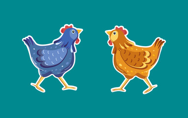 Hen. Sticker, set. Vector flat illustration. Easter. Chickens of different colors. The background is isolated.