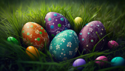 Fototapeta na wymiar Colorful Easter eggs in the grass, Generative AI