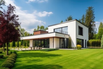 Fototapeta na wymiar Real estate architecture, modern luxury country house, building design and green garden - Generative AI