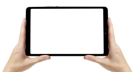 Hands holding black tablet cut out