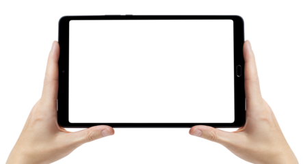 Hands holding black tablet cut out