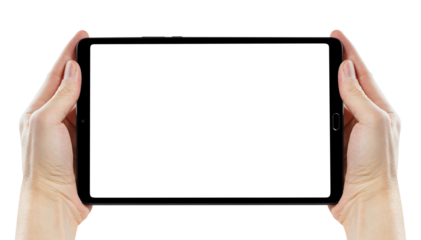 Hands holding black tablet cut out