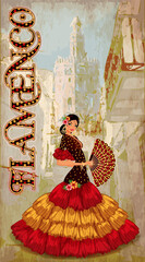 Spanish flamenco dancer  girl with fan, vector illustration - obrazy, fototapety, plakaty