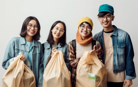 Group  of friends collecting Garbage and Plastic Trash.  Laughing, smiling and happy. Concept of recycling cleaning up the planet Isolated on white. Illustrative Generative AI.