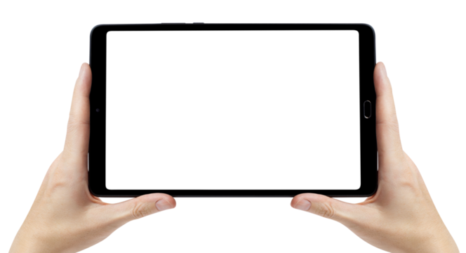 Hands holding black tablet cut out
