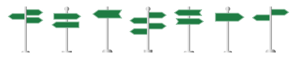 Set of green road signs template. Road arrows. Blank direction, signpost, indication or pointer. Vector 10 Eps.